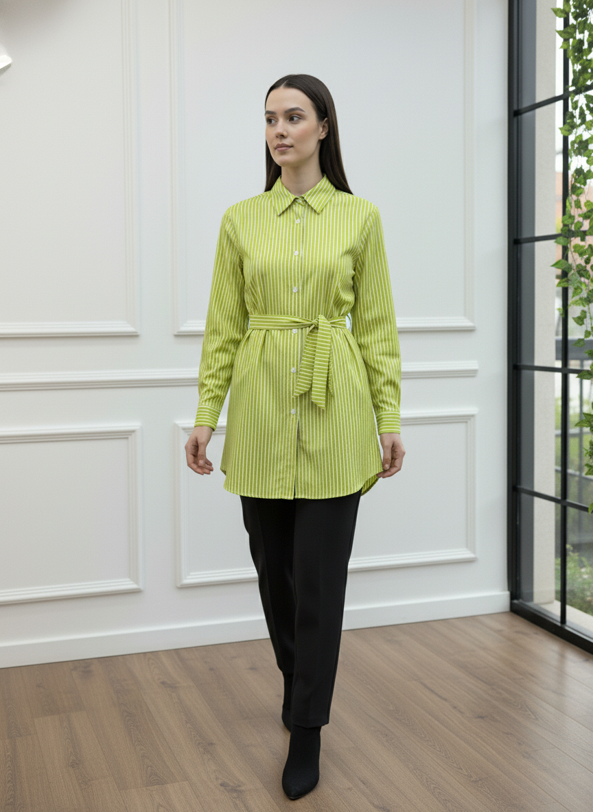 Beli Kuşaklı Çizgili Gömlek Tunik