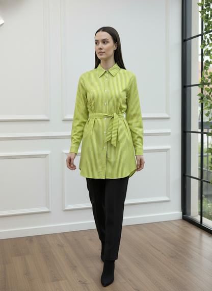 Beli Kuşaklı Çizgili Gömlek Tunik