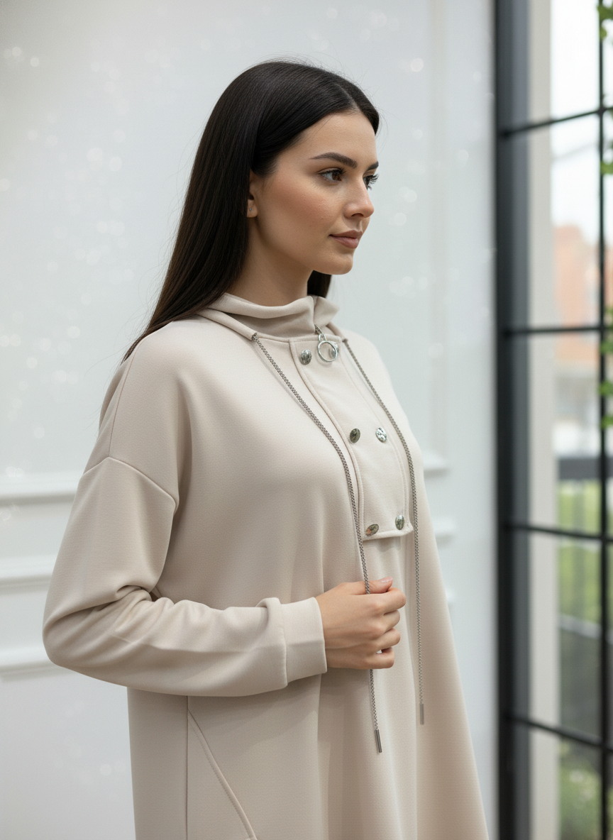 Metal Düğme ve Zincir Detaylı Yüksek Yaka Gri Takım